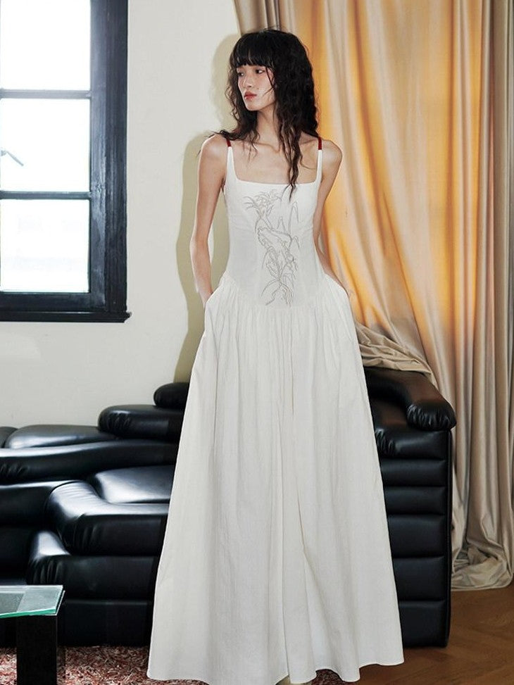 badtaste Backless Chinese Embroidered Cinched Waist Women's Cotton Slip Maxi Dresses