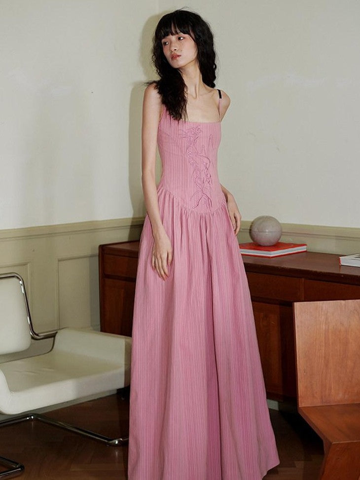 badtaste Backless Chinese Embroidered Cinched Waist Women's Cotton Slip Maxi Dresses