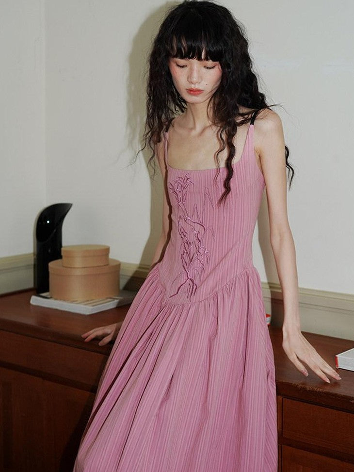badtaste Backless Chinese Embroidered Cinched Waist Women's Cotton Slip Maxi Dresses