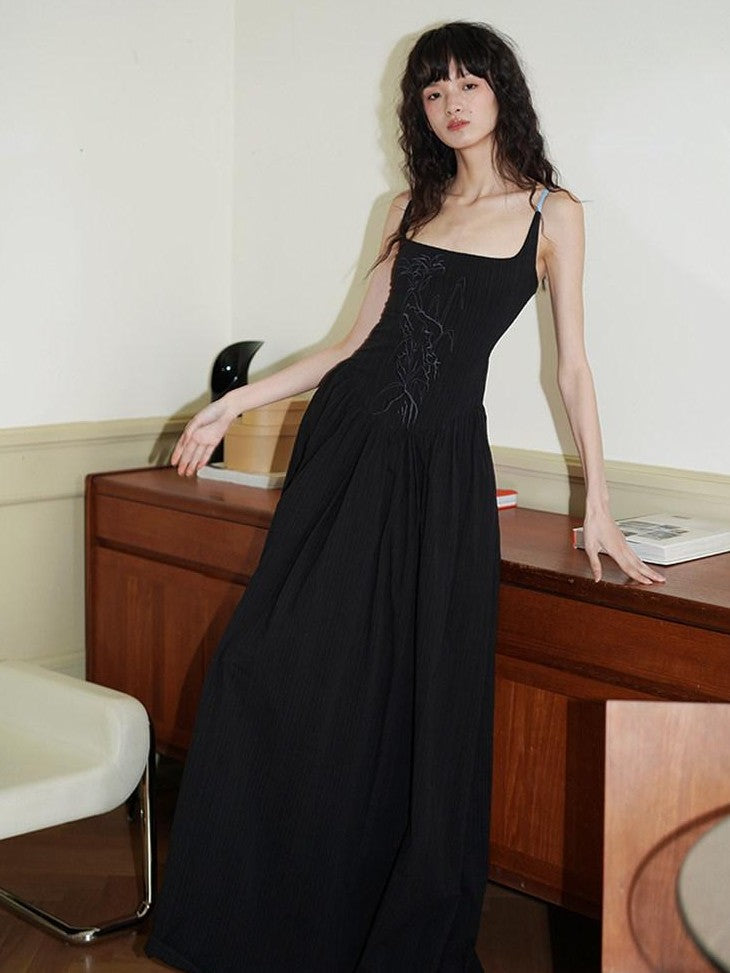 badtaste Backless Chinese Embroidered Cinched Waist Women's Cotton Slip Maxi Dresses
