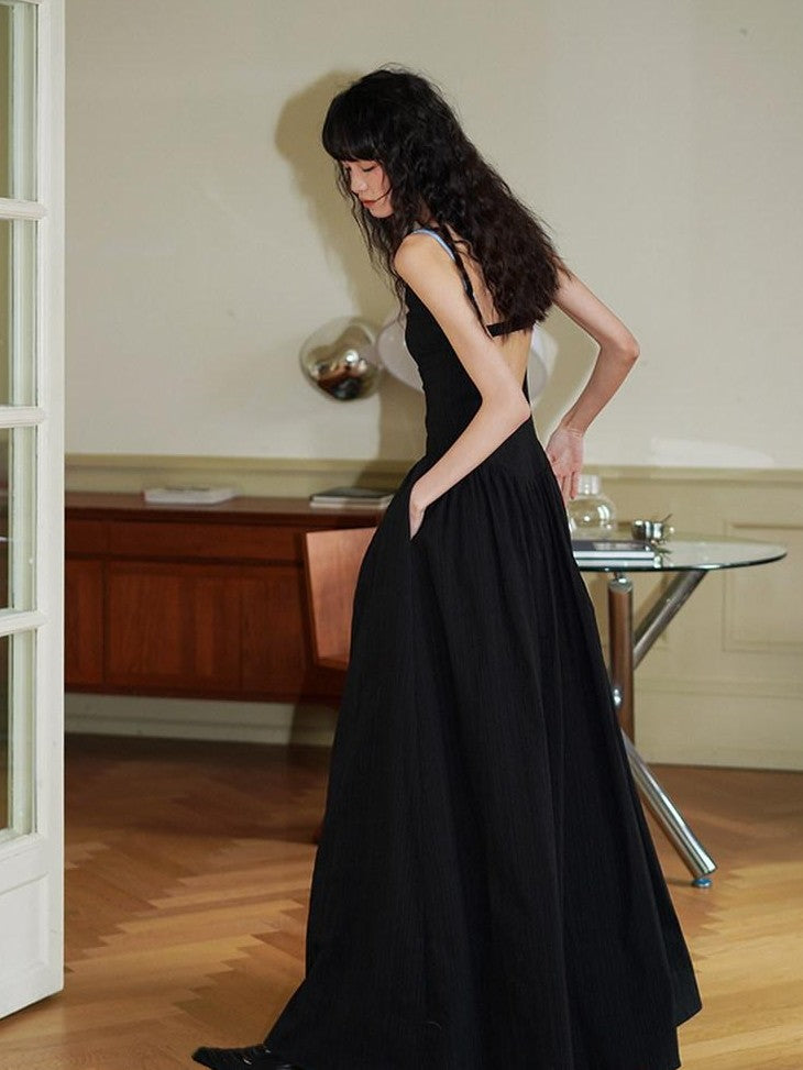 badtaste Backless Chinese Embroidered Cinched Waist Women's Cotton Slip Maxi Dresses