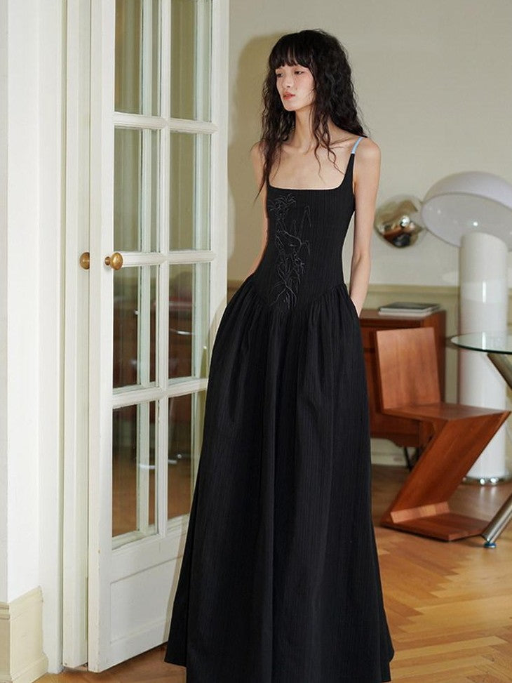 badtaste Backless Chinese Embroidered Cinched Waist Women's Cotton Slip Maxi Dresses