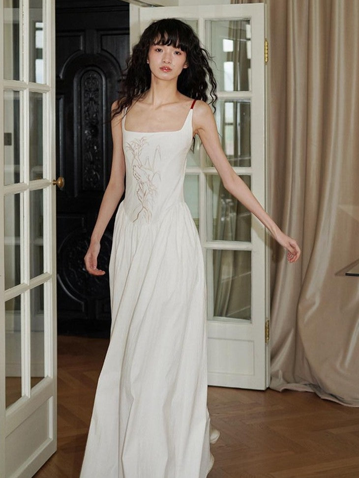 badtaste Backless Chinese Embroidered Cinched Waist Women's Cotton Slip Maxi Dresses