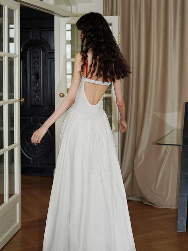 badtaste Backless Chinese Embroidered Cinched Waist Women's Cotton Slip Maxi Dresses
