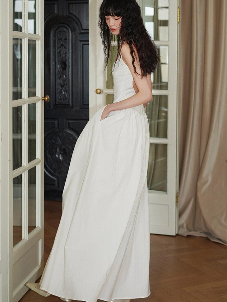 badtaste Backless Chinese Embroidered Cinched Waist Women's Cotton Slip Maxi Dresses