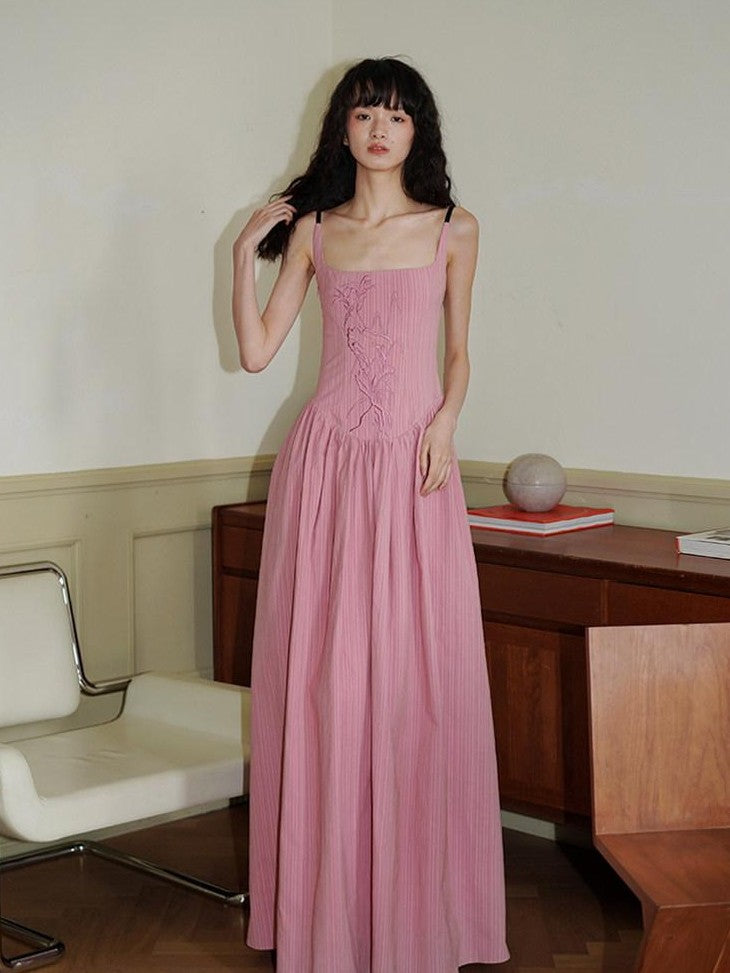 badtaste Backless Chinese Embroidered Cinched Waist Women's Cotton Slip Maxi Dresses