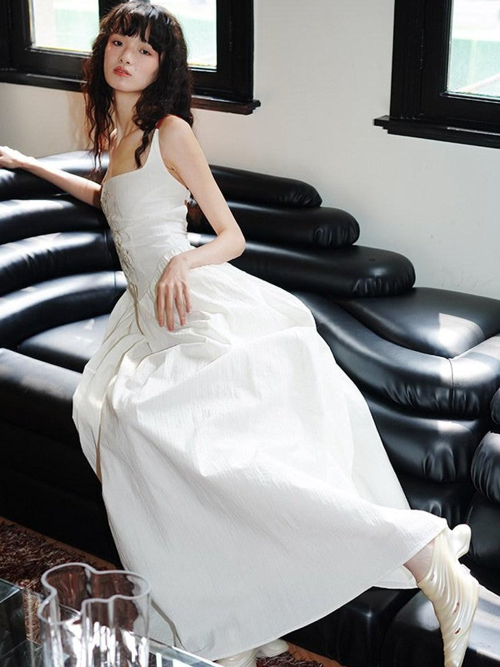 badtaste Backless Chinese Embroidered Cinched Waist Women's Cotton Slip Maxi Dresses