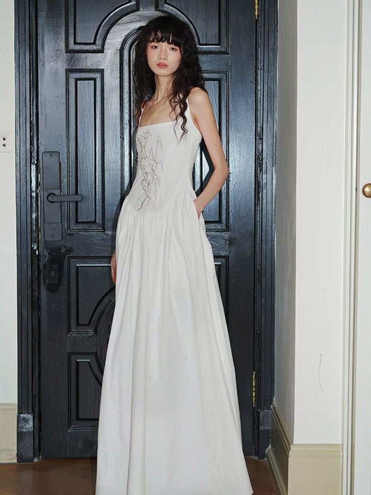 badtaste Backless Chinese Embroidered Cinched Waist Women's Cotton Slip Maxi Dresses