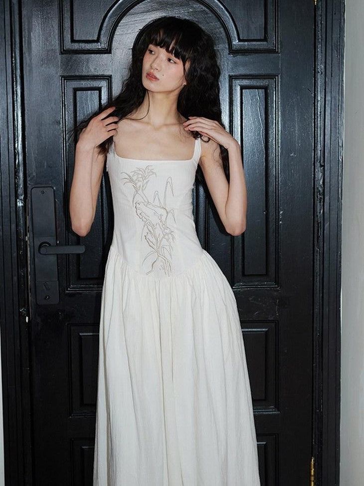 badtaste Backless Chinese Embroidered Cinched Waist Women's Cotton Slip Maxi Dresses
