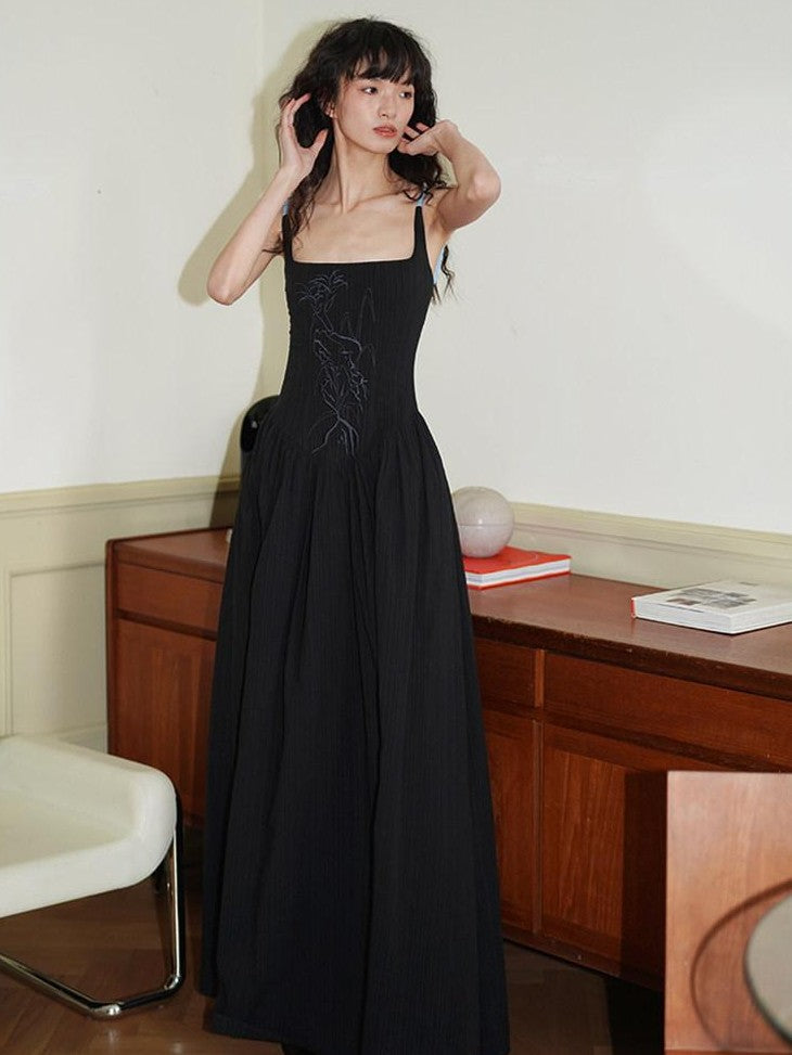 badtaste Backless Chinese Embroidered Cinched Waist Women's Cotton Slip Maxi Dresses
