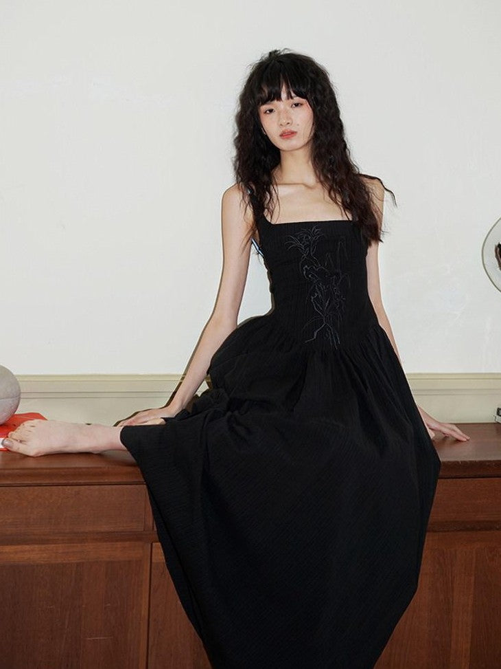 badtaste Backless Chinese Embroidered Cinched Waist Women's Cotton Slip Maxi Dresses