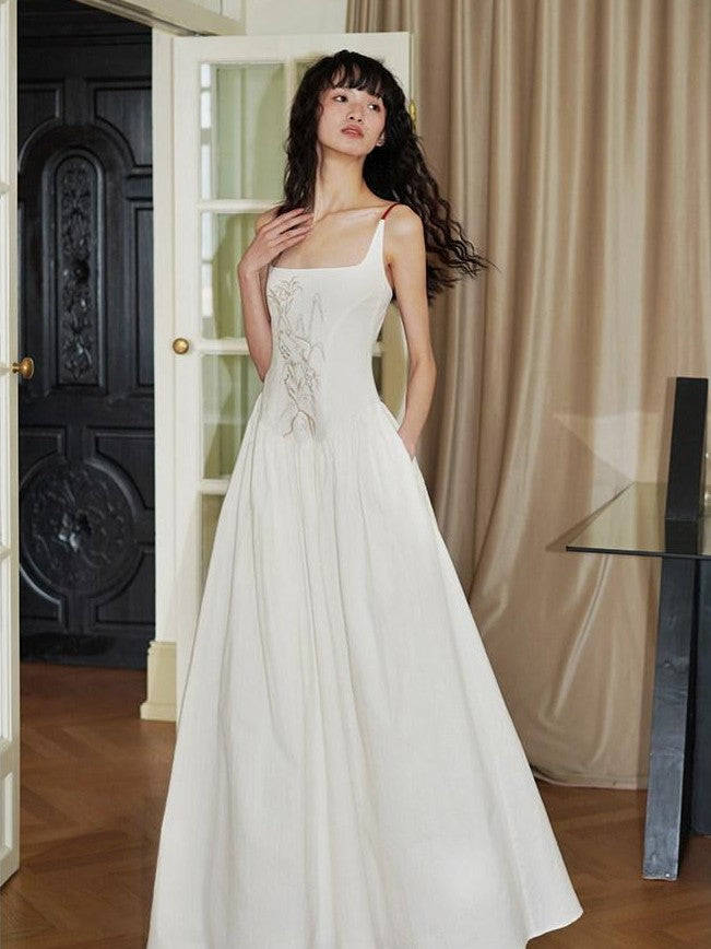 badtaste Backless Chinese Embroidered Cinched Waist Women's Cotton Slip Maxi Dresses