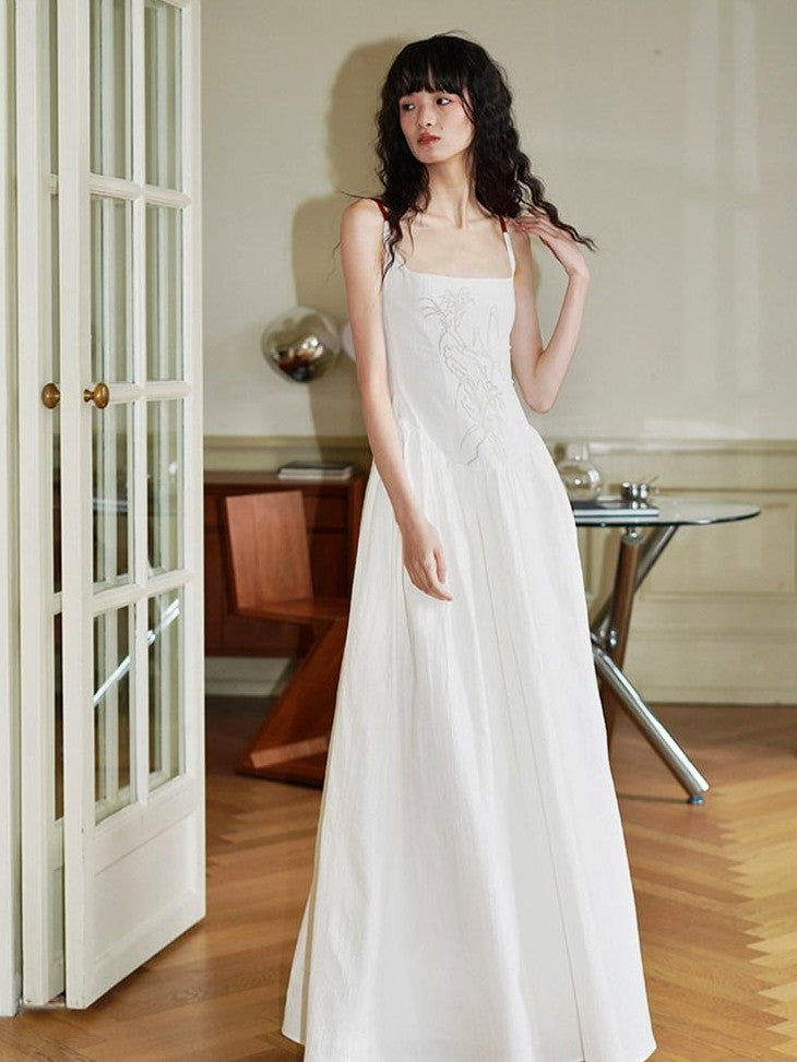 badtaste Backless Chinese Embroidered Cinched Waist Women's Cotton Slip Maxi Dresses