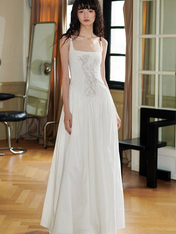 badtaste Backless Chinese Embroidered Cinched Waist Women's Cotton Slip Maxi Dresses