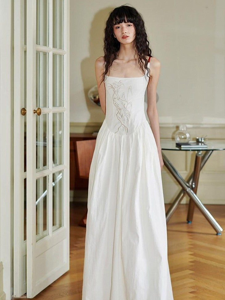 badtaste Backless Chinese Embroidered Cinched Waist Women's Cotton Slip Maxi Dresses