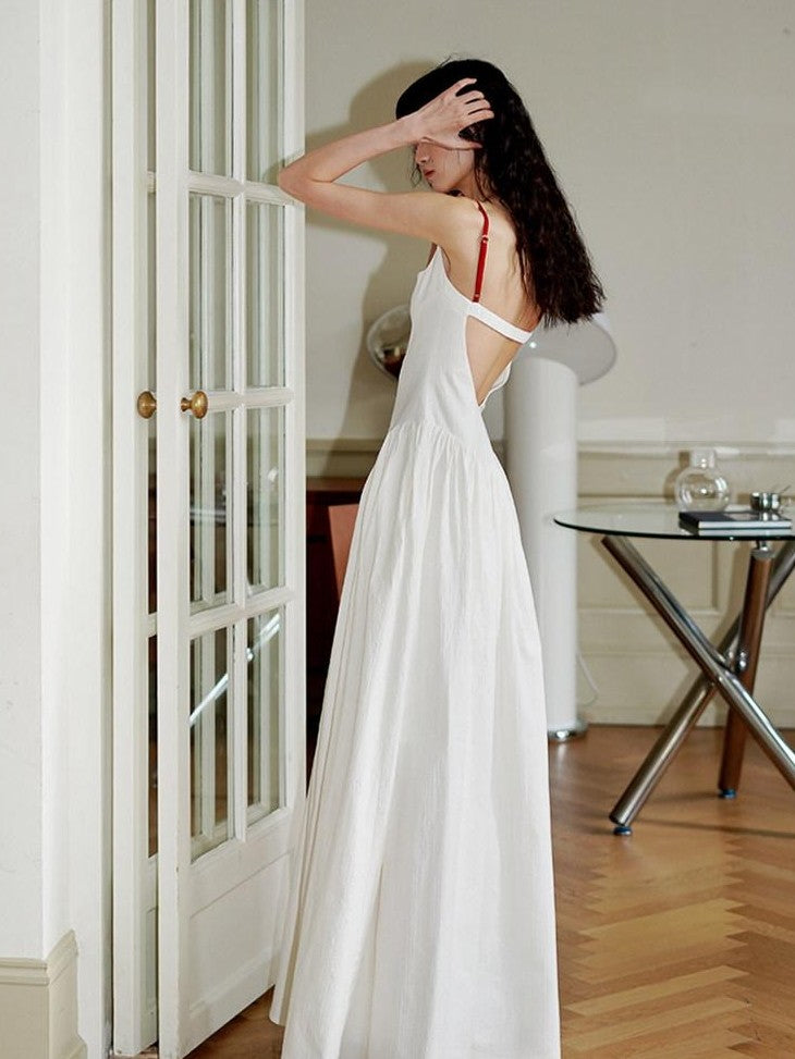 badtaste Backless Chinese Embroidered Cinched Waist Women's Cotton Slip Maxi Dresses