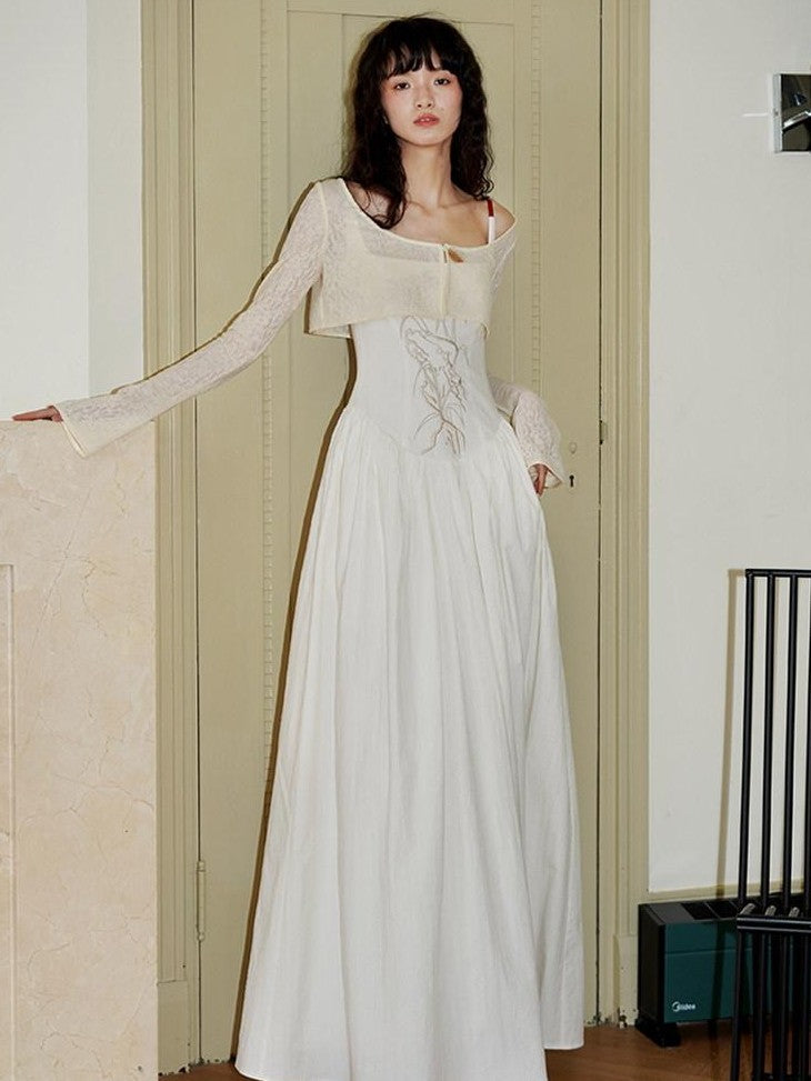 badtaste Backless Chinese Embroidered Cinched Waist Women's Cotton Slip Maxi Dresses