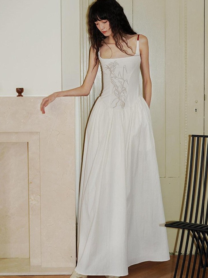 badtaste Backless Chinese Embroidered Cinched Waist Women's Cotton Slip Maxi Dresses