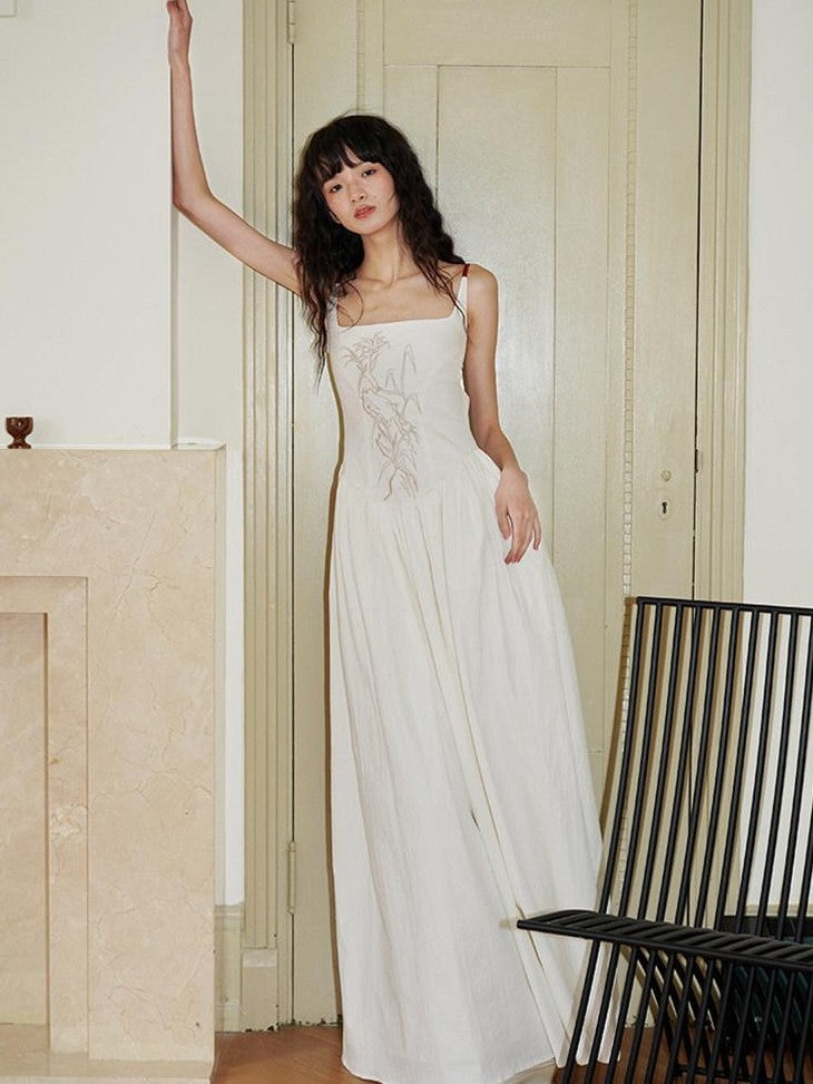 badtaste Backless Chinese Embroidered Cinched Waist Women's Cotton Slip Maxi Dresses