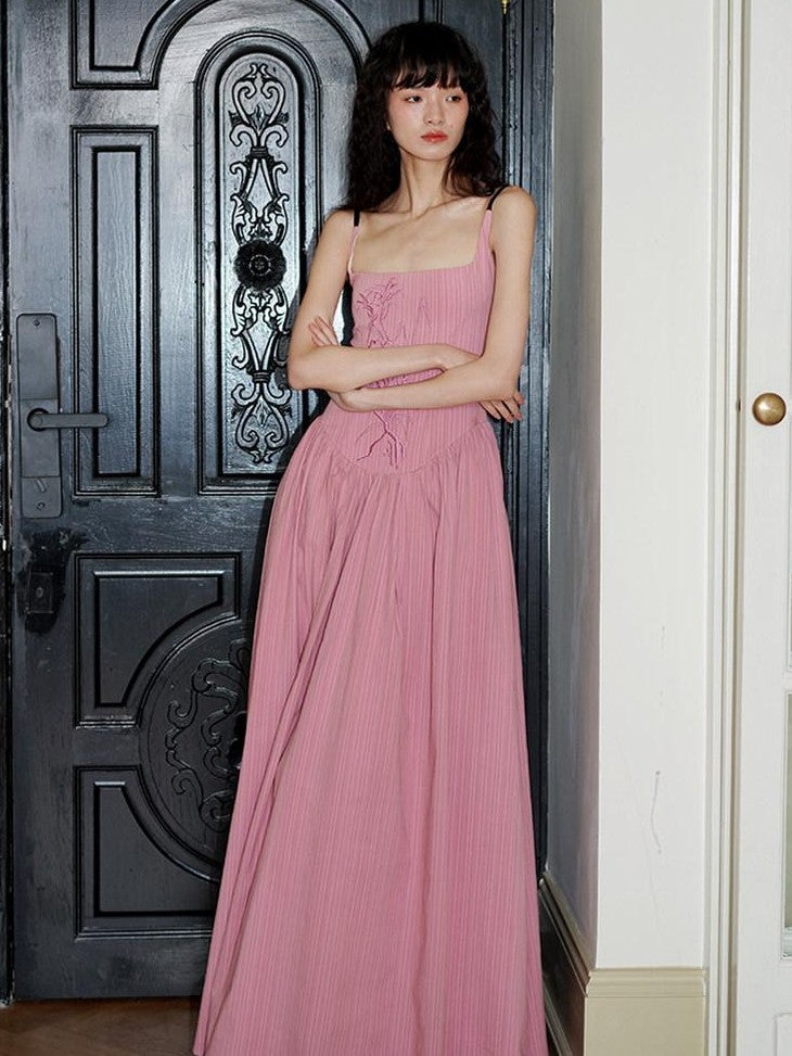 badtaste Backless Chinese Embroidered Cinched Waist Women's Cotton Slip Maxi Dresses