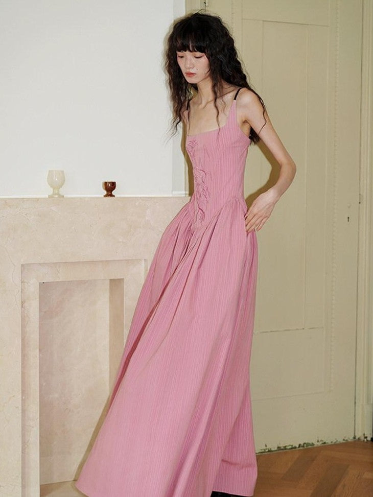 badtaste Backless Chinese Embroidered Cinched Waist Women's Cotton Slip Maxi Dresses