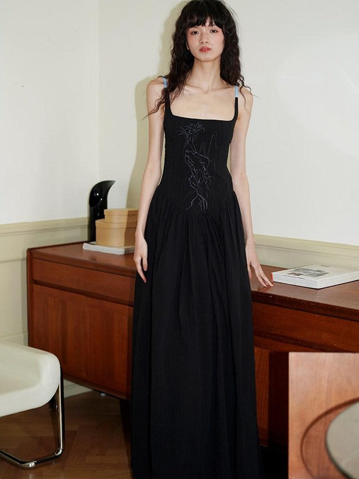 badtaste Backless Chinese Embroidered Cinched Waist Women's Cotton Slip Maxi Dresses