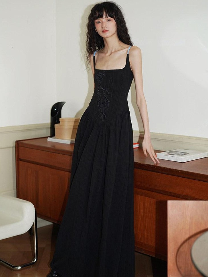 badtaste Backless Chinese Embroidered Cinched Waist Women's Cotton Slip Maxi Dresses