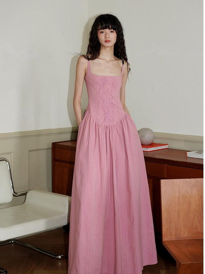 badtaste Backless Chinese Embroidered Cinched Waist Women's Cotton Slip Maxi Dresses