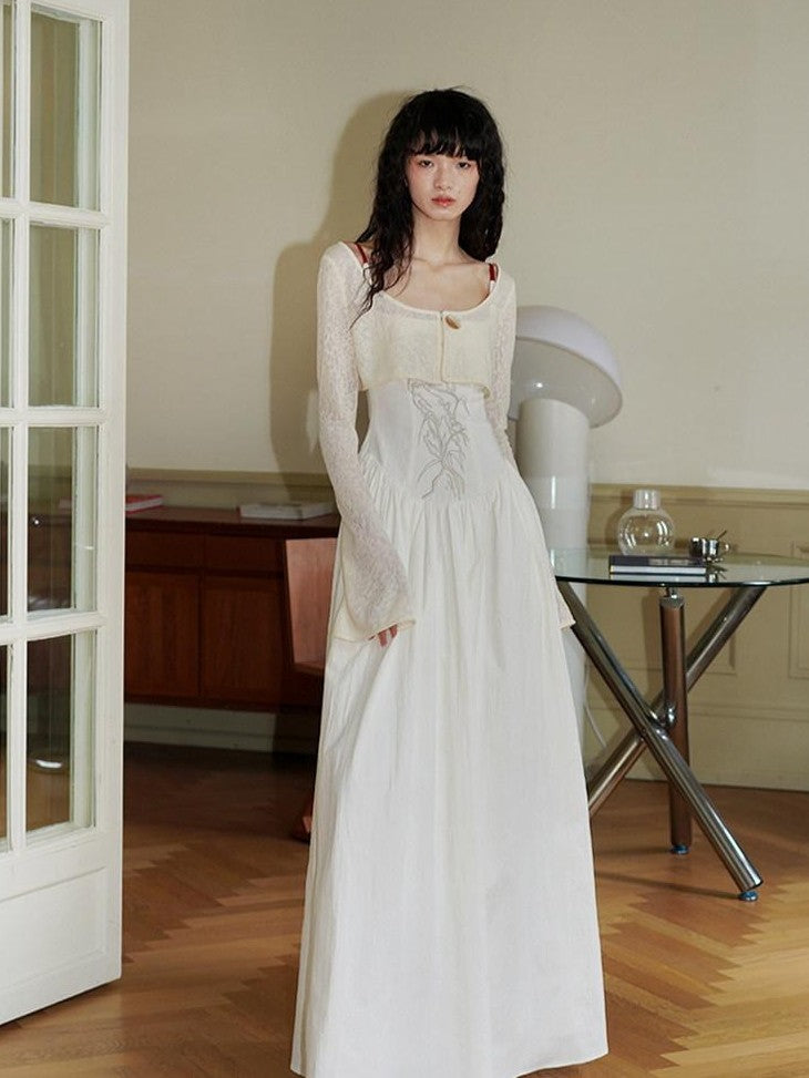 badtaste Backless Chinese Embroidered Cinched Waist Women's Cotton Slip Maxi Dresses