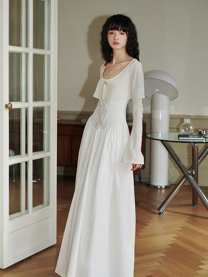 badtaste Backless Chinese Embroidered Cinched Waist Women's Cotton Slip Maxi Dresses