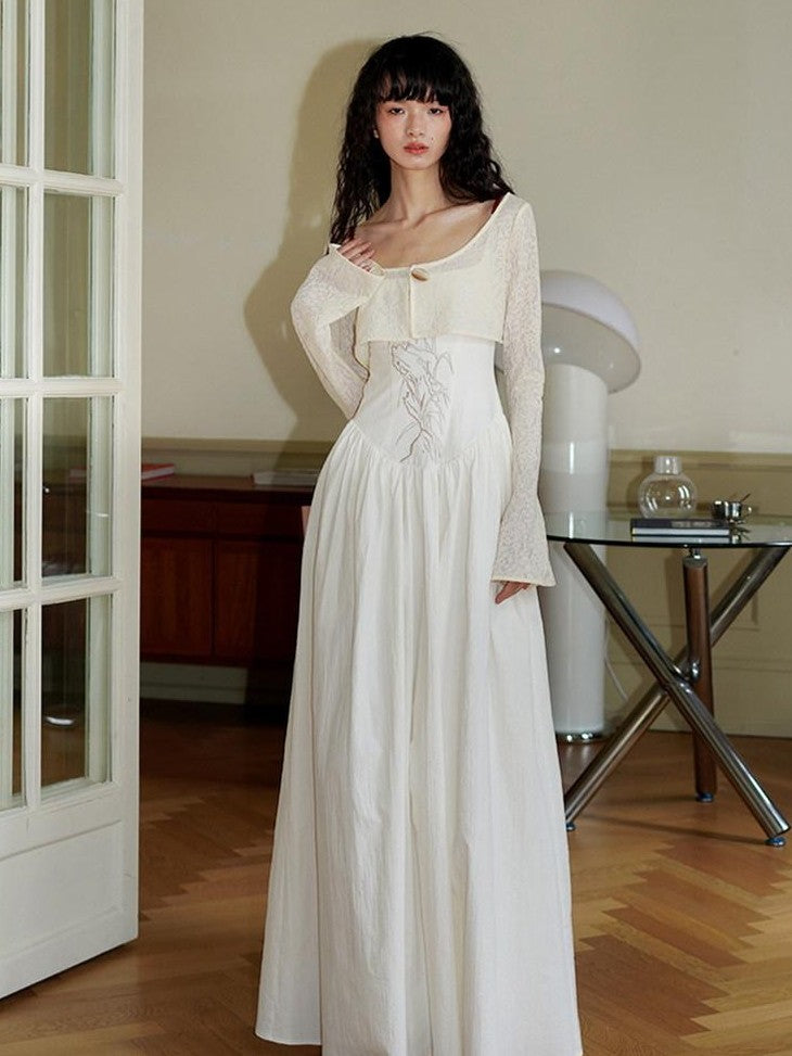 badtaste Backless Chinese Embroidered Cinched Waist Women's Cotton Slip Maxi Dresses