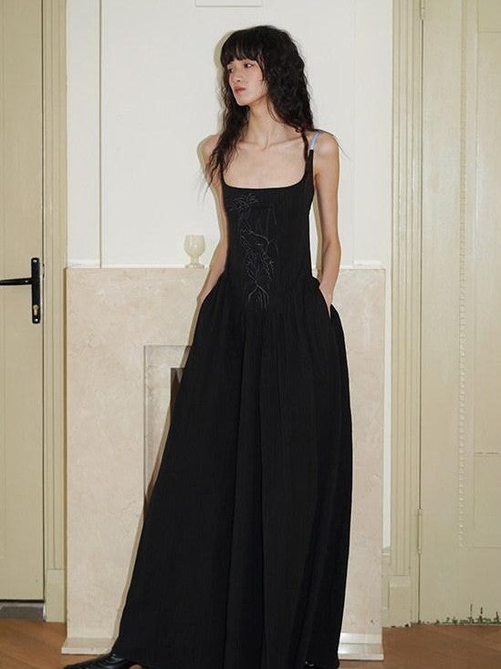 badtaste Backless Chinese Embroidered Cinched Waist Women's Cotton Slip Maxi Dresses