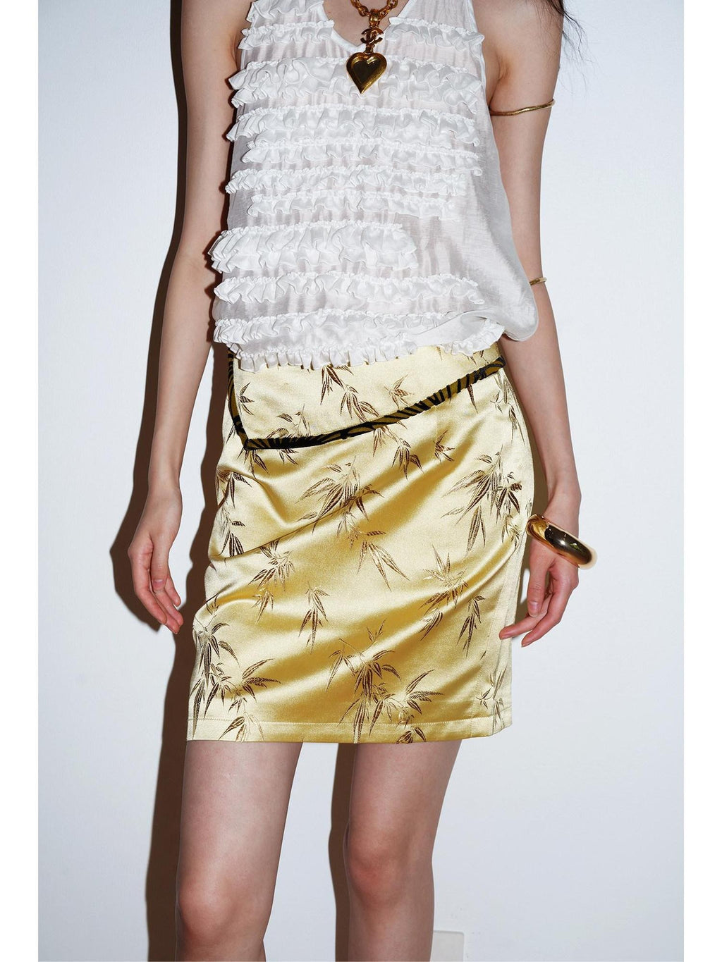 badtaste Bamboo Leaf Jacquard Retro New Chinese Style Women's Champagne Gold Mini Skirts