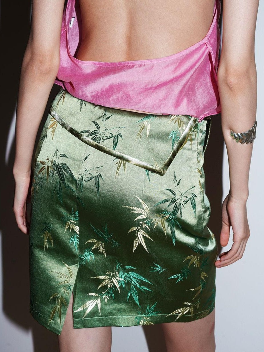 badtaste Bamboo Leaf Jacquard Retro New Chinese Style Women's Champagne Gold Mini Skirts