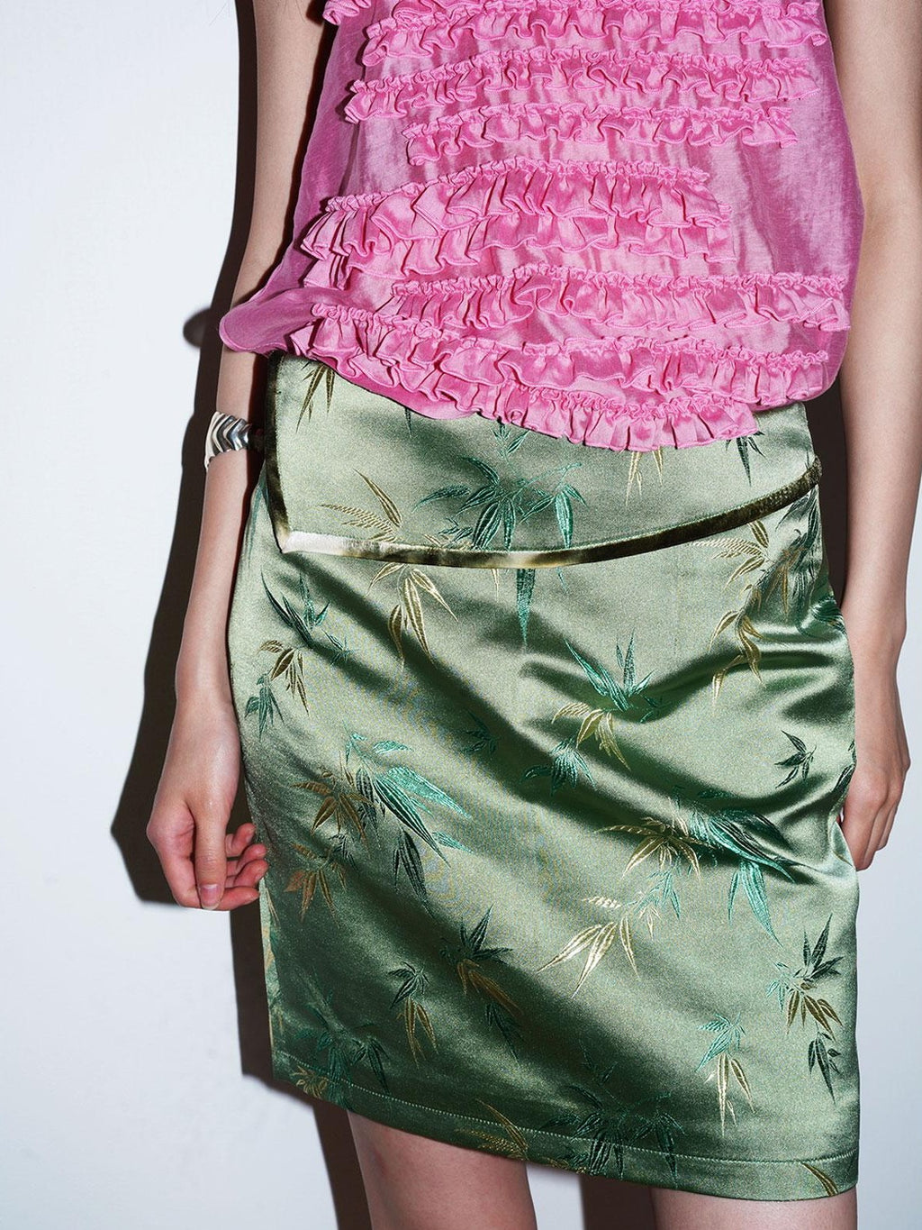 badtaste Bamboo Leaf Jacquard Retro New Chinese Style Women's Champagne Gold Mini Skirts
