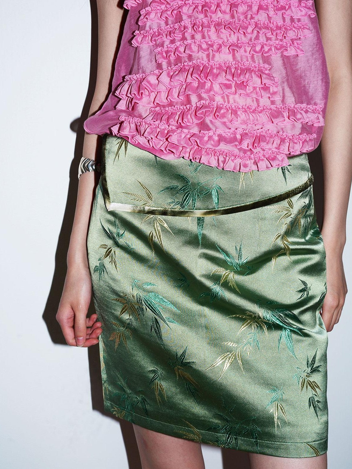 badtaste Bamboo Leaf Jacquard Retro New Chinese Style Women's Champagne Gold Mini Skirts