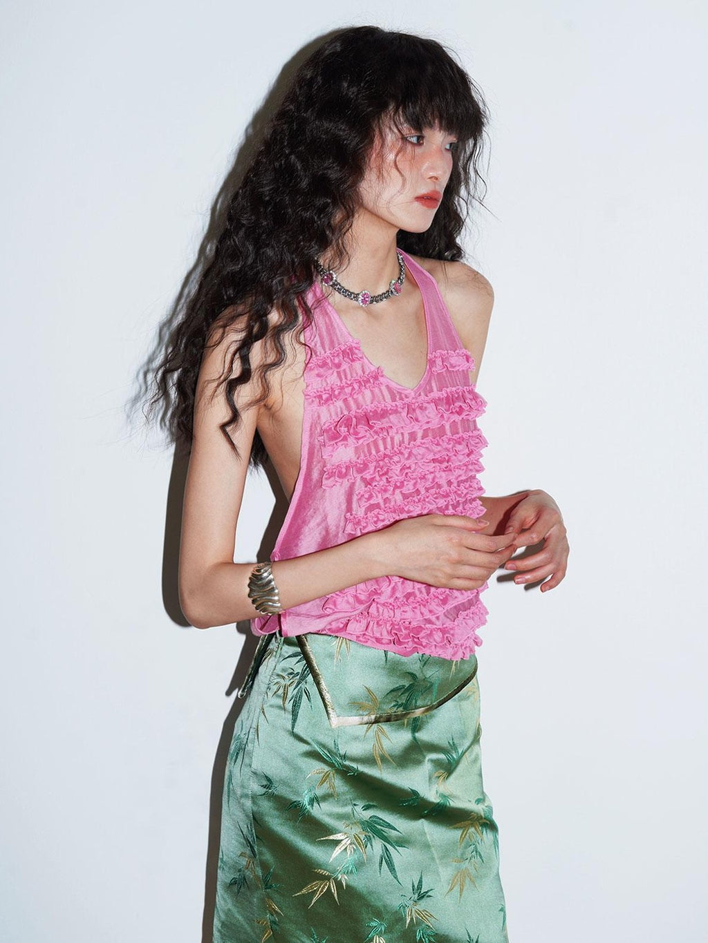 badtaste Bamboo Leaf Jacquard Retro New Chinese Style Women's Champagne Gold Mini Skirts