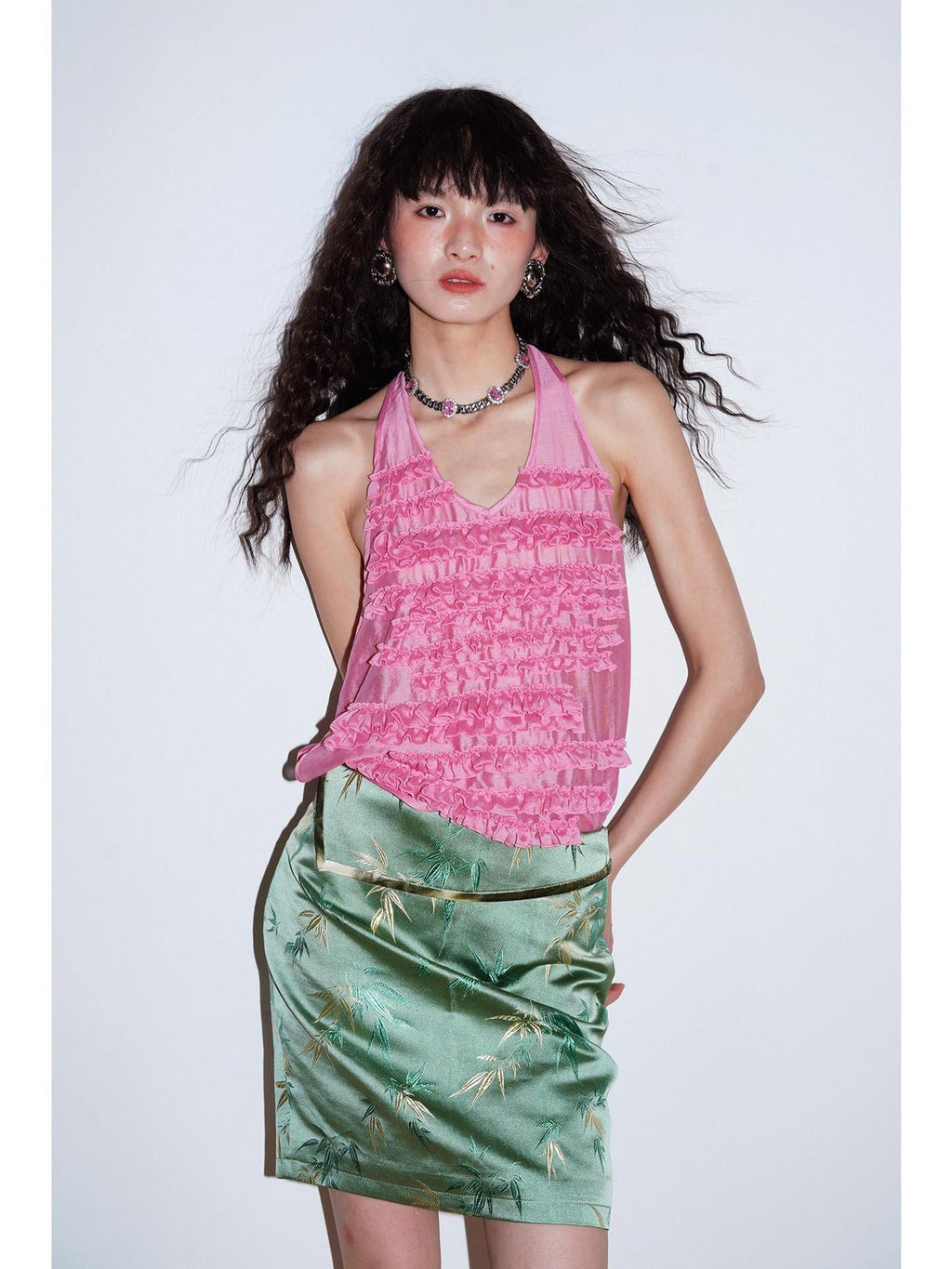 badtaste Bamboo Leaf Jacquard Retro New Chinese Style Women's Champagne Gold Mini Skirts