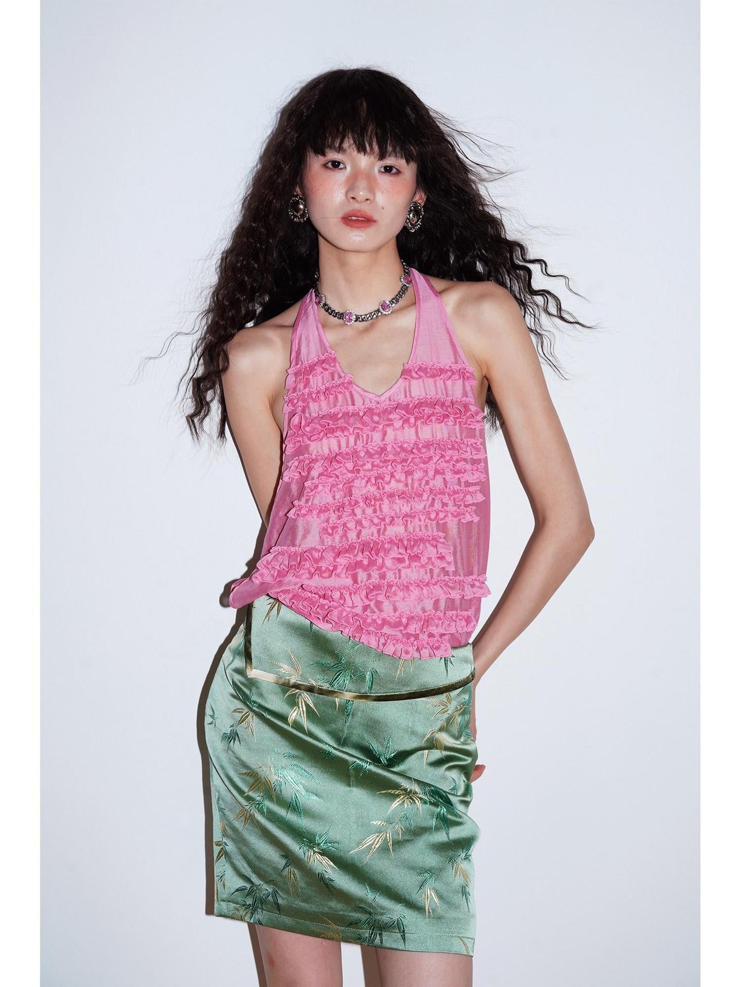 badtaste Bamboo Leaf Jacquard Retro New Chinese Style Women's Champagne Gold Mini Skirts