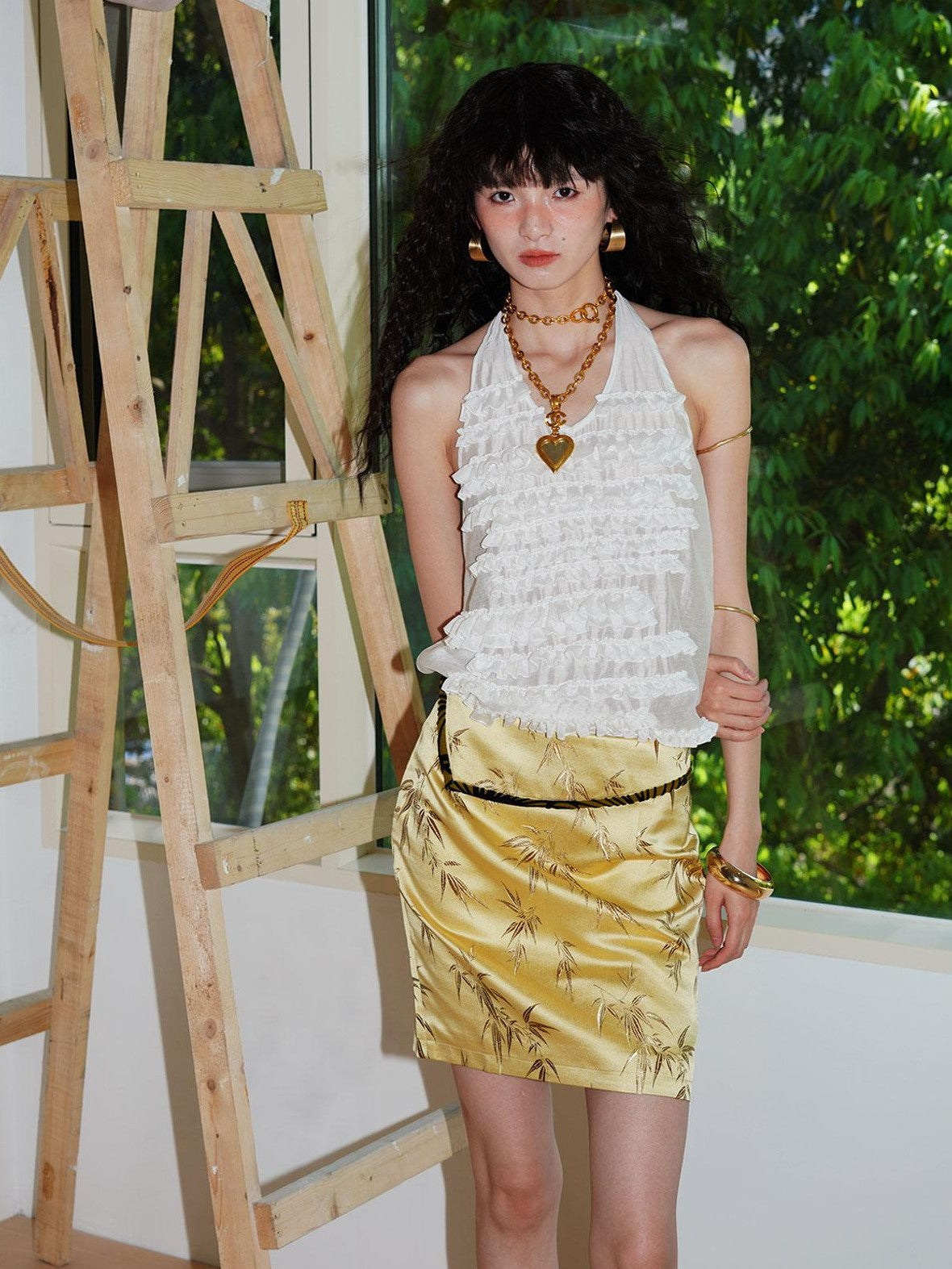 badtaste Bamboo Leaf Jacquard Retro New Chinese Style Women's Champagne Gold Mini Skirts