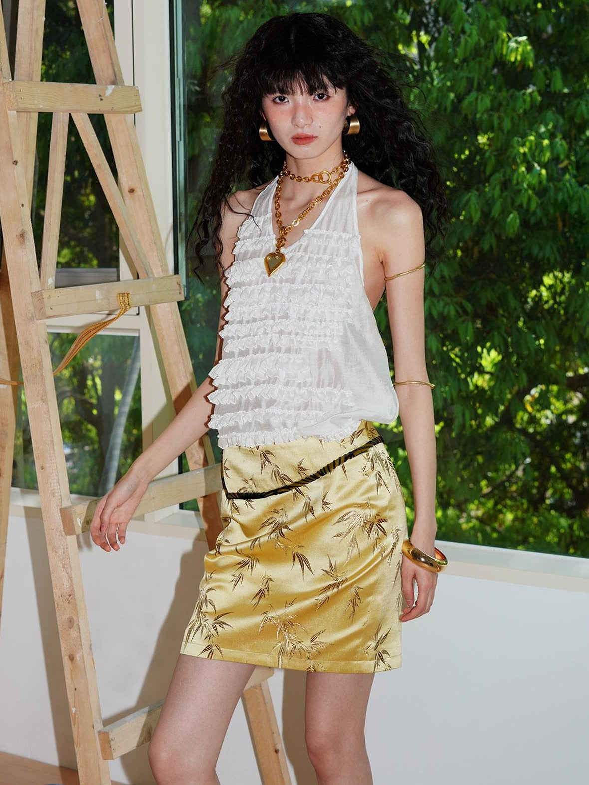 badtaste Bamboo Leaf Jacquard Retro New Chinese Style Women's Champagne Gold Mini Skirts