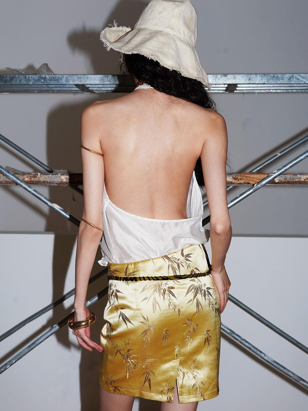 badtaste Bamboo Leaf Jacquard Retro New Chinese Style Women's Champagne Gold Mini Skirts