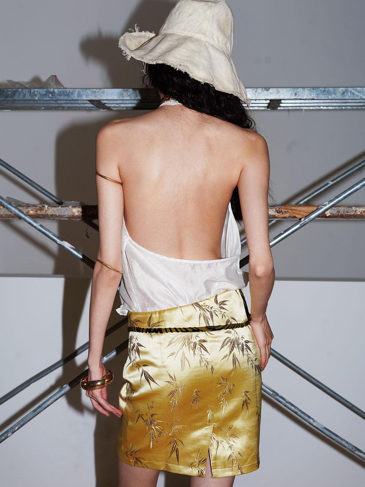 badtaste Bamboo Leaf Jacquard Retro New Chinese Style Women's Champagne Gold Mini Skirts