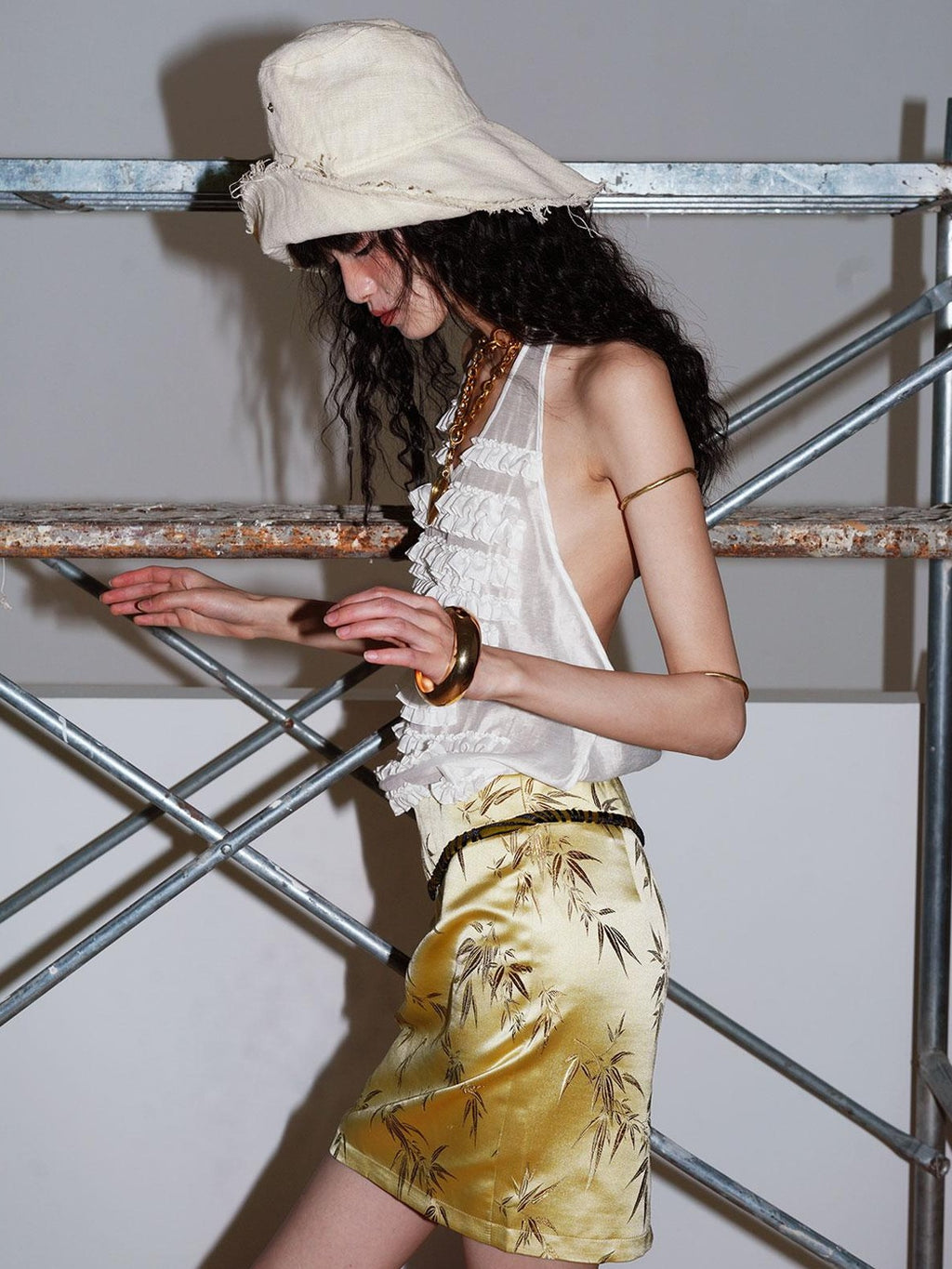 badtaste Bamboo Leaf Jacquard Retro New Chinese Style Women's Champagne Gold Mini Skirts