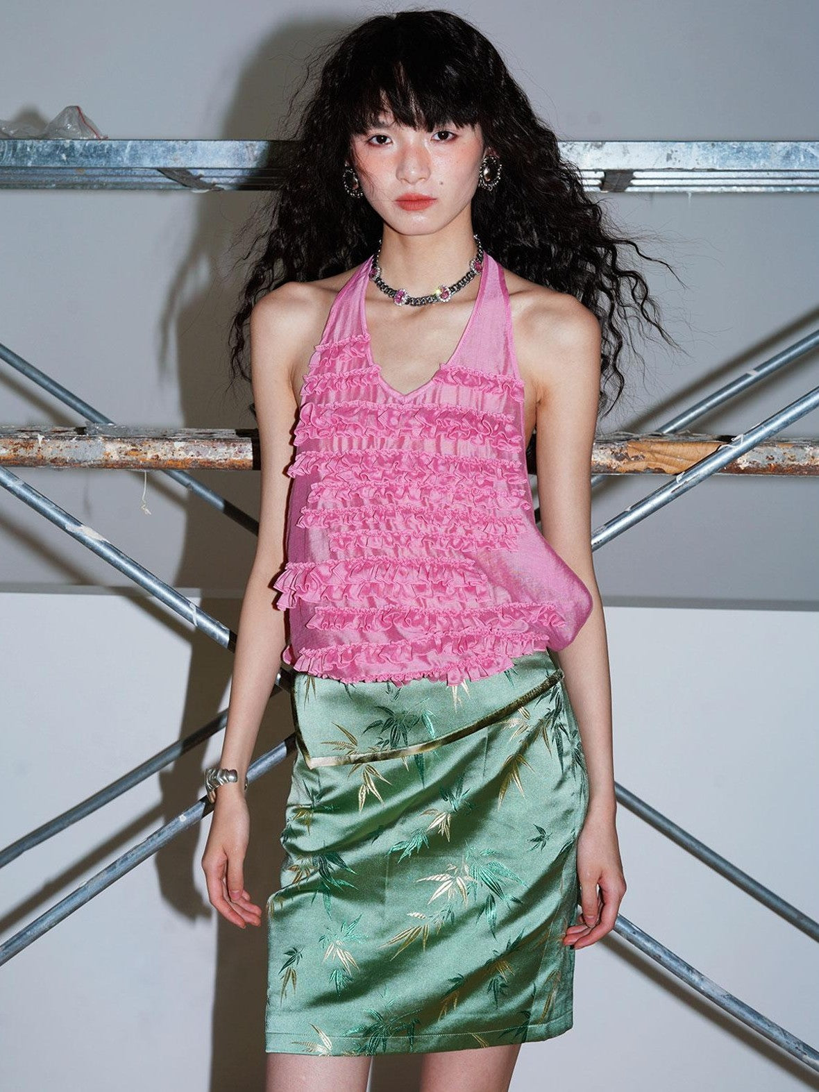 badtaste Bamboo Leaf Jacquard Retro New Chinese Style Women's Champagne Gold Mini Skirts