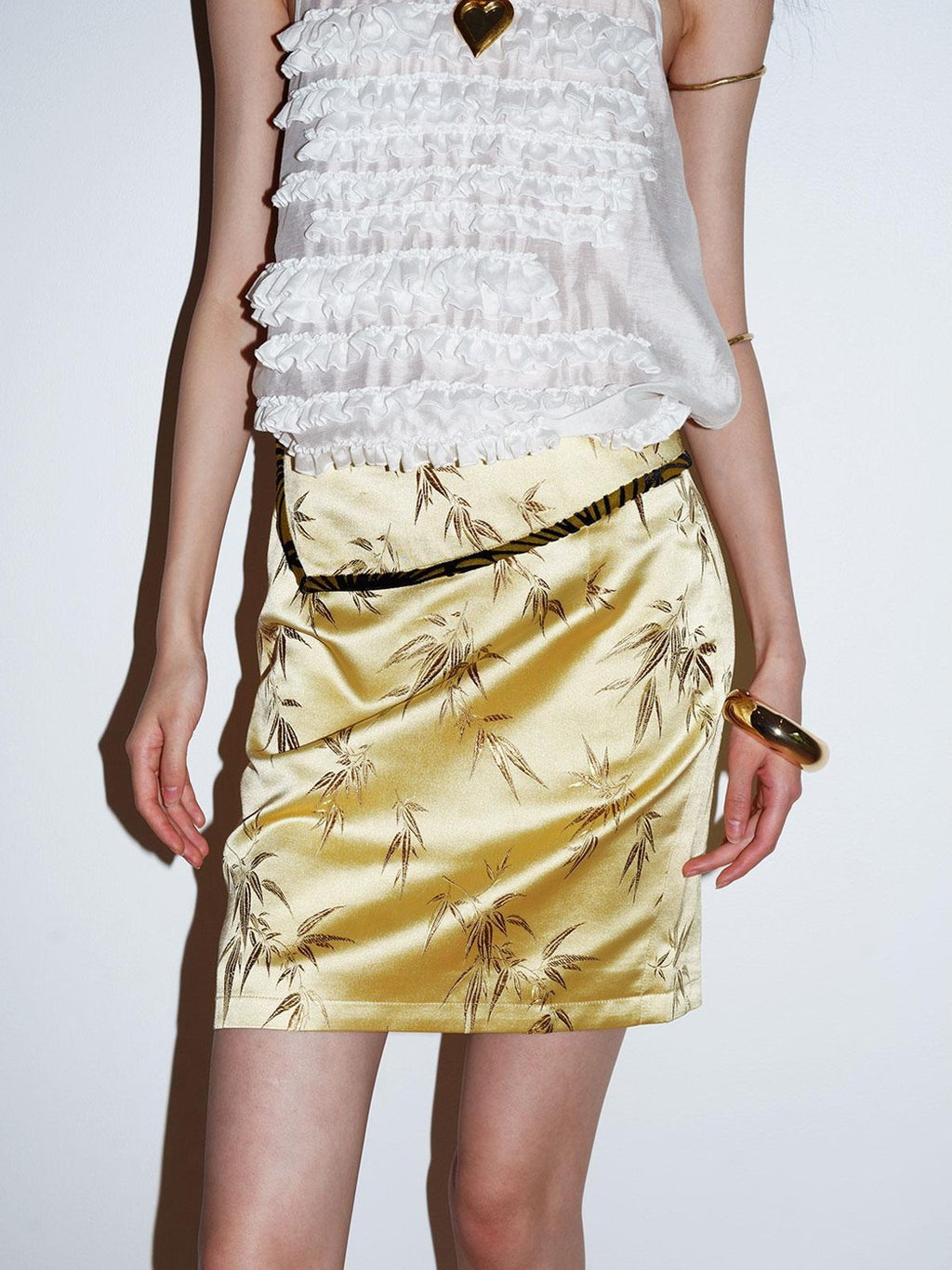 badtaste Bamboo Leaf Jacquard Retro New Chinese Style Women's Champagne Gold Mini Skirts
