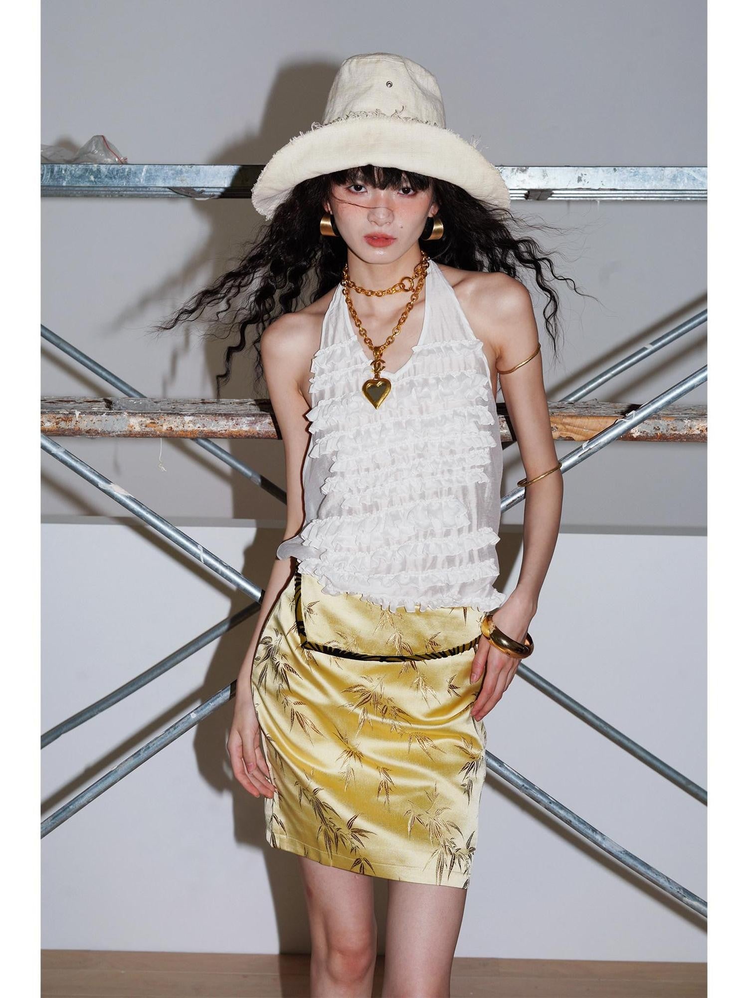 badtaste Bamboo Leaf Jacquard Retro New Chinese Style Women's Champagne Gold Mini Skirts