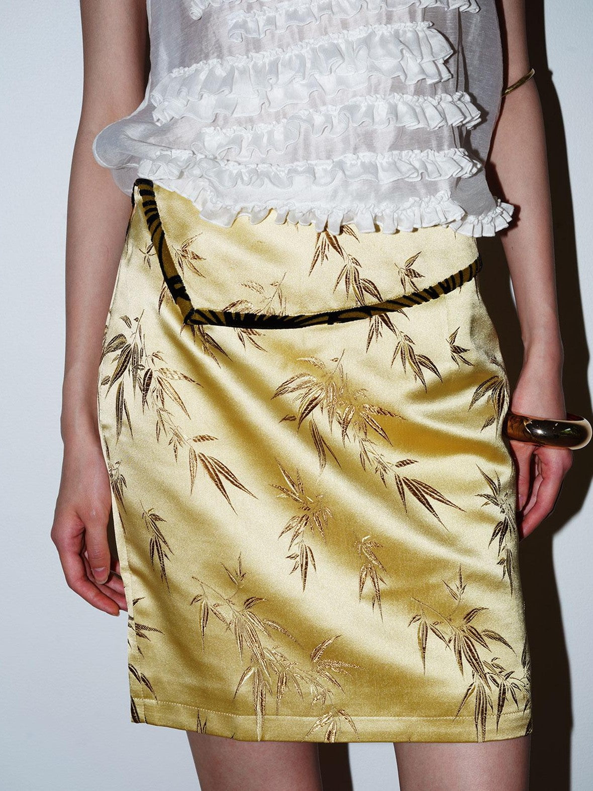 badtaste Bamboo Leaf Jacquard Retro New Chinese Style Women's Champagne Gold Mini Skirts