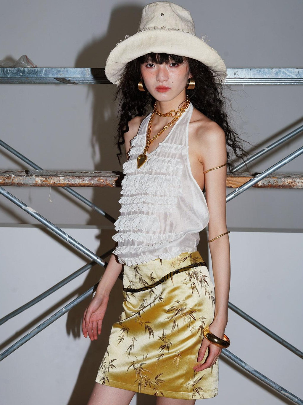 badtaste Bamboo Leaf Jacquard Retro New Chinese Style Women's Champagne Gold Mini Skirts
