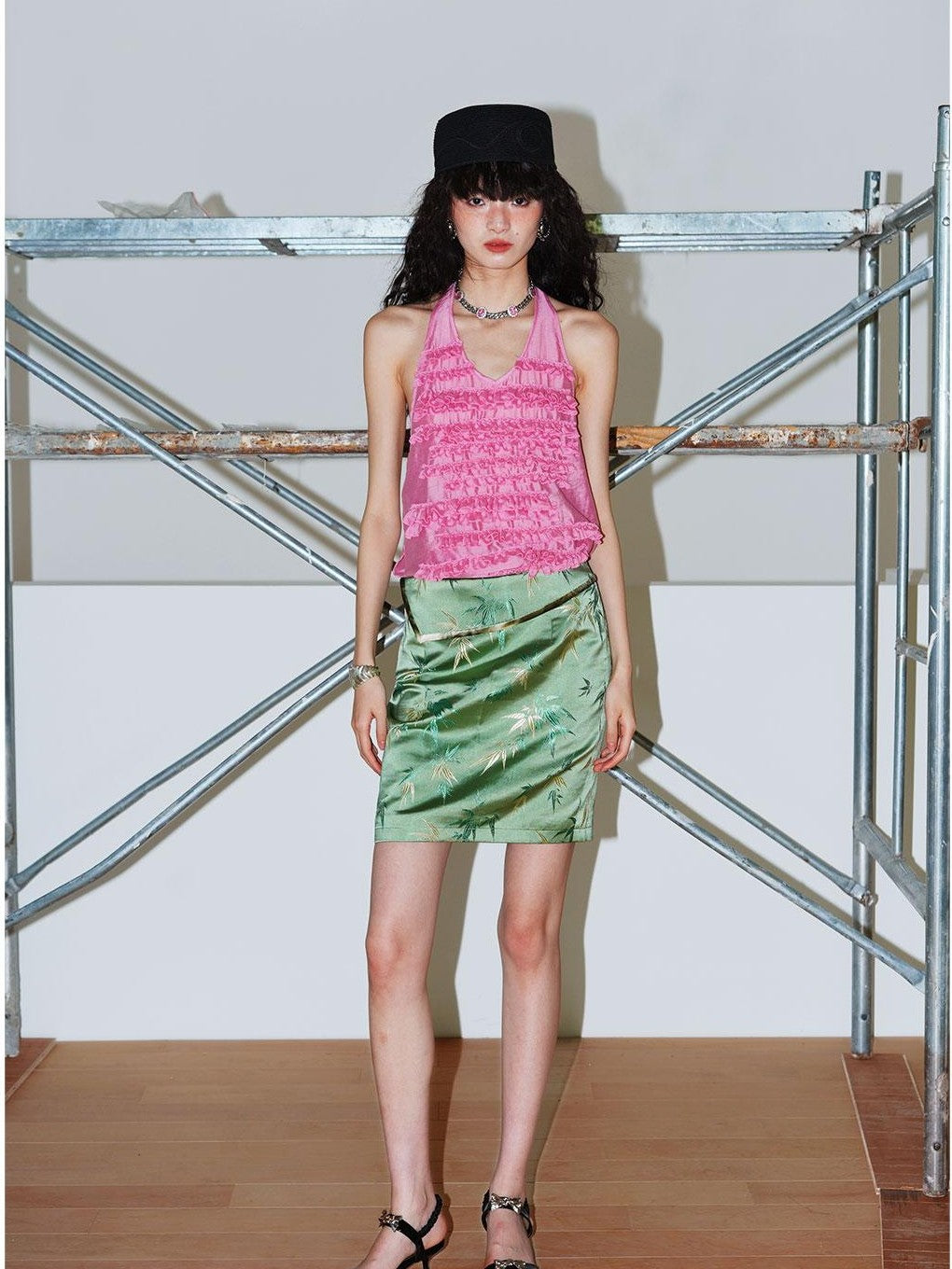 badtaste Bamboo Leaf Jacquard Retro New Chinese Style Women's Champagne Gold Mini Skirts